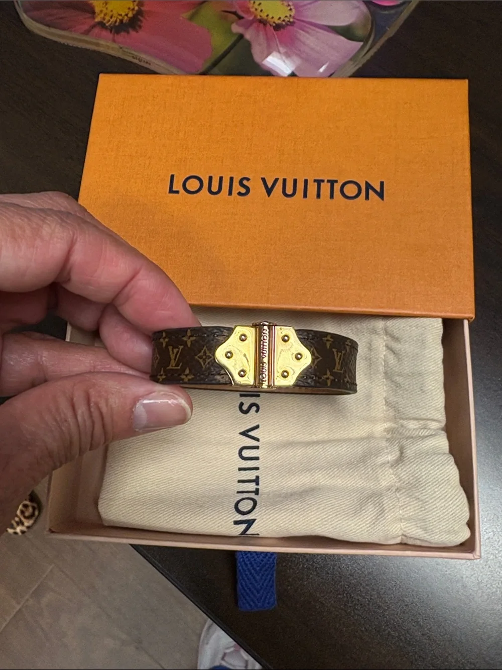 Louis Vuitton Black and Brown Leather Bracelet with Gold Accent